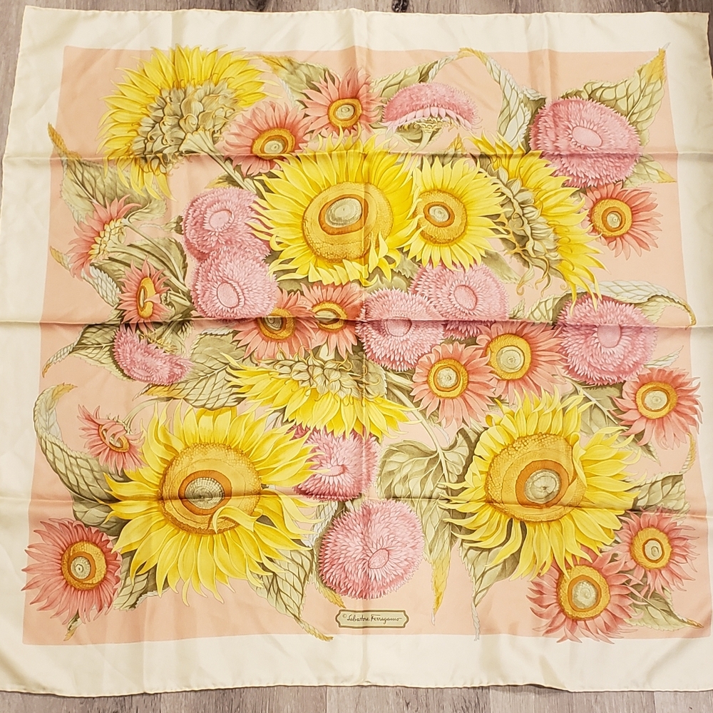 Salvatore Ferragamo Silk Scarf Sunflowers Pink Yellow